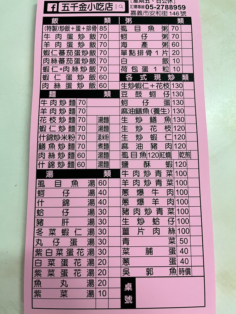 五千金小吃店菜單